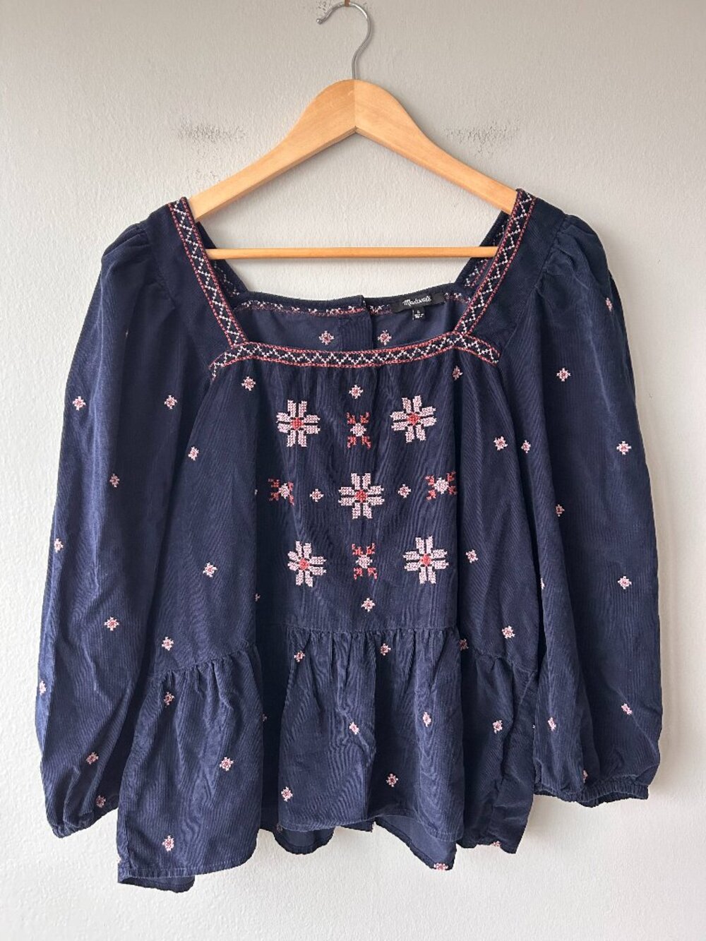 Madewell Embroidered Corduroy Button-Back Peplum Top Navy Floral Puff Sleeve L